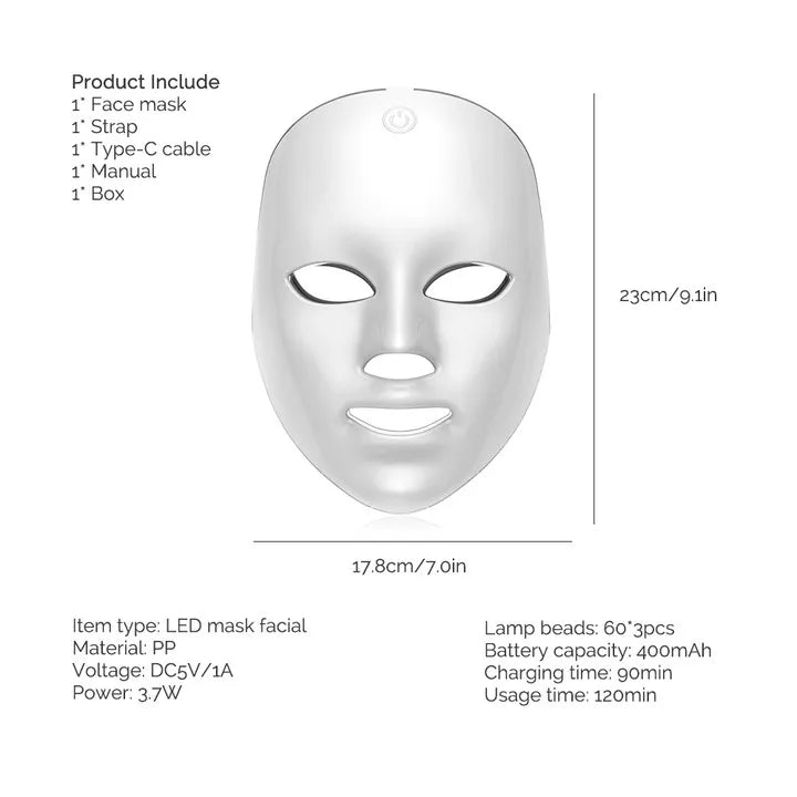 Máscara Facial LED Recarregável 7 Cores — Rejuvenescimento